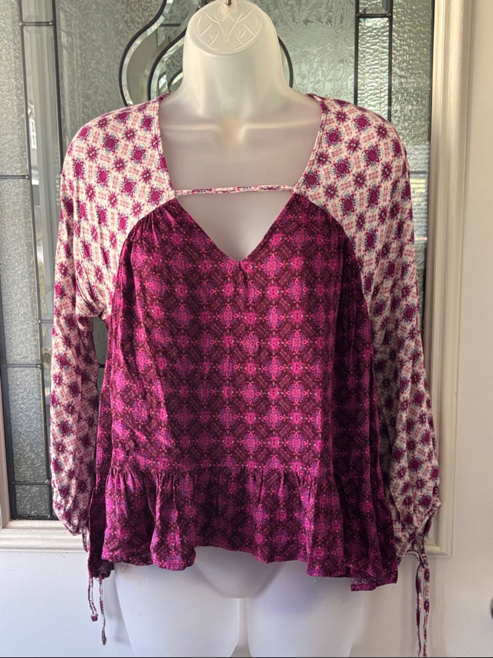 Forever 21 Plum and Cream Printed Peasant Blouse